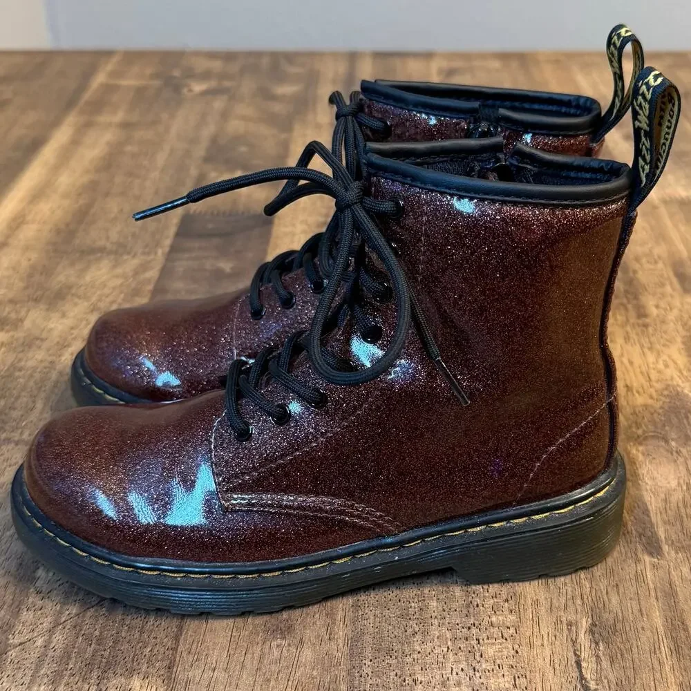 Dr. Martens AirWair Junior Glitter Patent Leather Boots Zipper Maroon US 3 EU 34